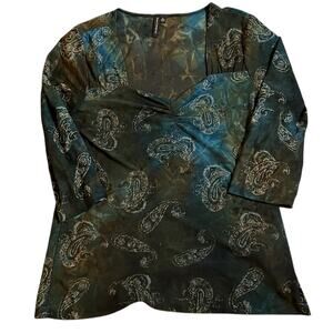 Y2K Susan Lawrence Womens Square Neck Top XL Whimsigoth 3/4 Sleeve Blue Brown